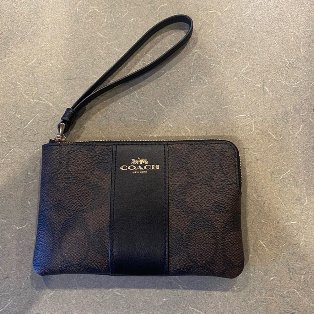 Coach Black and Brown Signature Zip Wristlet